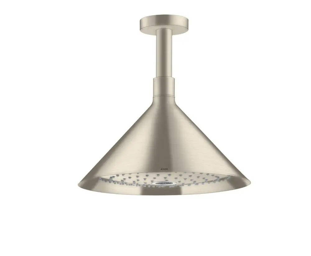 Deckenmontierte Kopfbrause mit konischer Form in gebürstetem Nickel von AXOR, ausgestattet mit Düsen für Wasserstrahlvariationen.